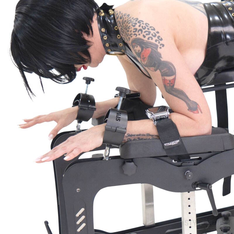 Metal hand and foot restraints, adjustable for system furniture